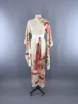 1950s Vintage Silk Kimono Robe Furisode / Ivory Birds Shibori Floral