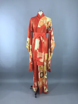 1960s Vintage Silk Kimono Robe Furisode with Orange and Gold Floral Print