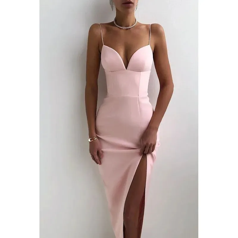 2024 Elegant High Slit Bodycon Spaghetti Straps Corset Midi Dress