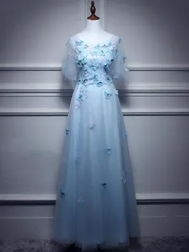 A-line Scoop-neck Floor-Length Tulle Appliqued Ink Blue Prom Dresses With Butterflies ASD26971