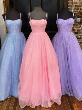 A Line Spaghetti Straps Blue/Pink/Lilac Tulle Long Prom Dresses, Shiny Blue/Pink/Lilac Formal Evening Dresses