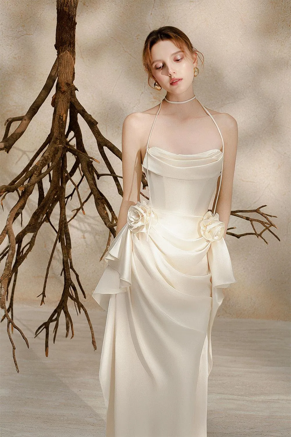 Alina Sheath Draped Silk Satin Floor Length Dress