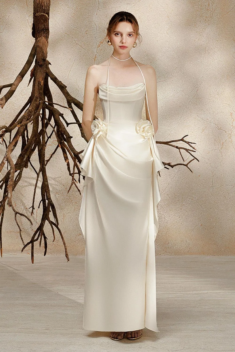 Alina Sheath Draped Silk Satin Floor Length Dress