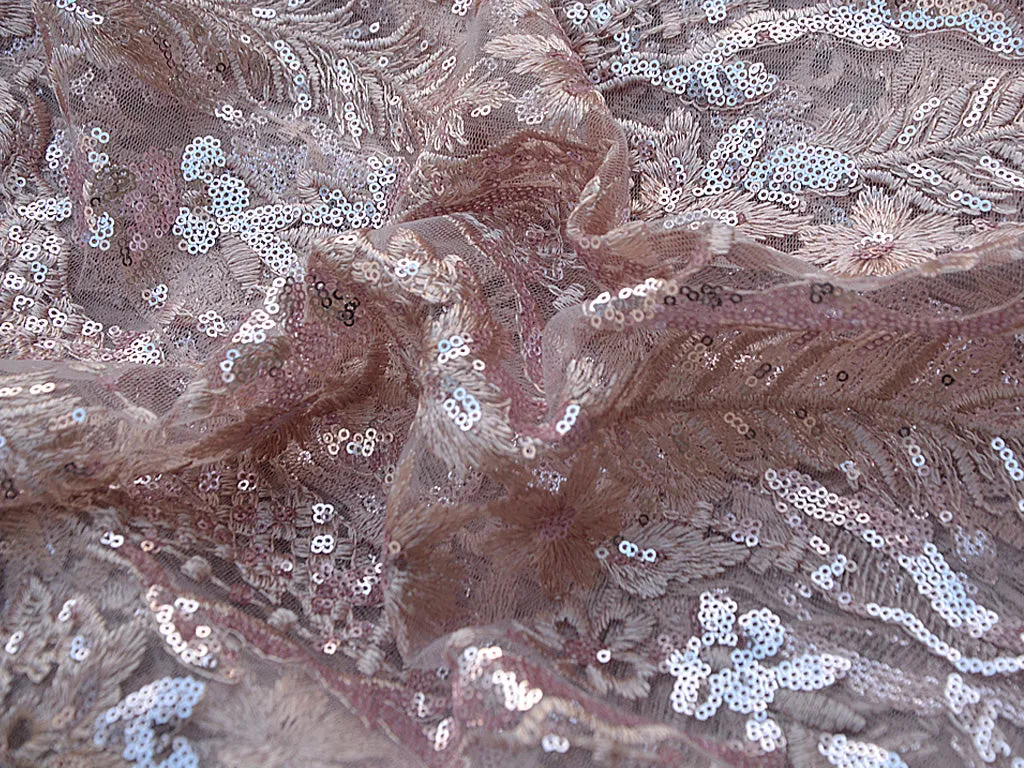 Baby Pink Floral Sequins Embroidered Leheriya Net Fabric