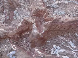 Baby Pink Floral Sequins Embroidered Leheriya Net Fabric