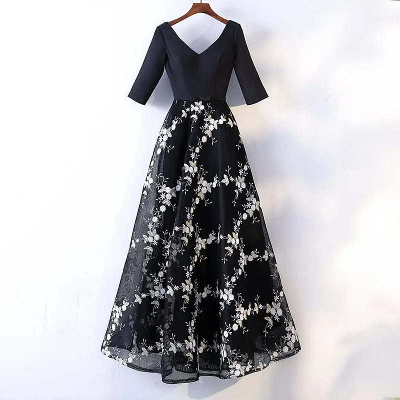 Black Half Sleeves V-neck Embroidery A-line Formal Party Gown,DP1154