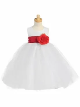 Blossom White Poly Silk Bodice & Tulle Skirt Dress w/ Detachable Flower & Sash