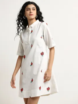 White Bombay Paisley Shirt Dress with Floral Print in Cotton