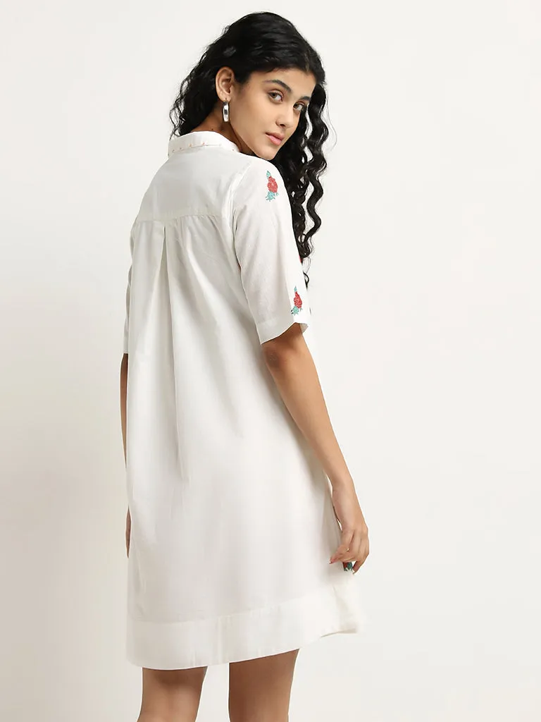 White Bombay Paisley Shirt Dress with Floral Print in Cotton