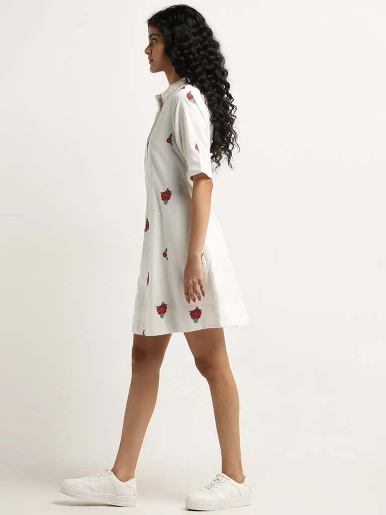 White Bombay Paisley Shirt Dress with Floral Print in Cotton