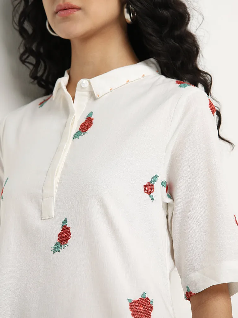 White Bombay Paisley Shirt Dress with Floral Print in Cotton