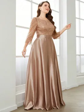 Champagne Round Neck Lace Sleeve Plus Size Party Dress