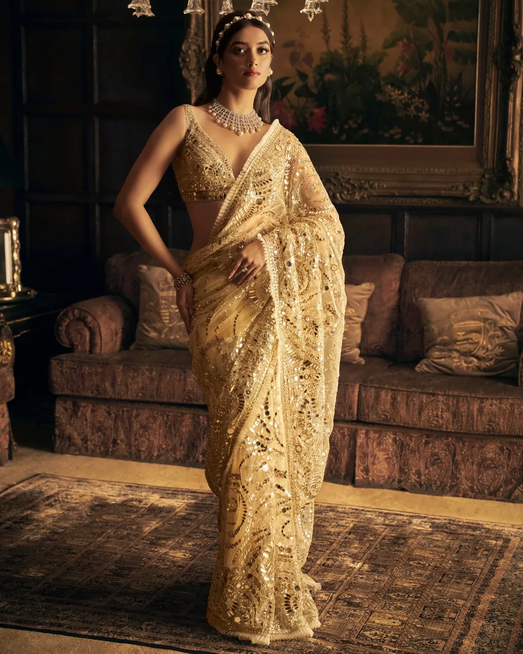 Cream Gold Mirror Work Sari Set