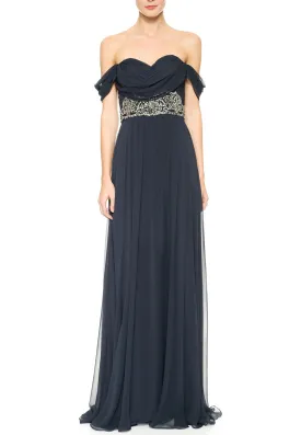 Dark Navy Off Shoulder Embellished Waist Gown