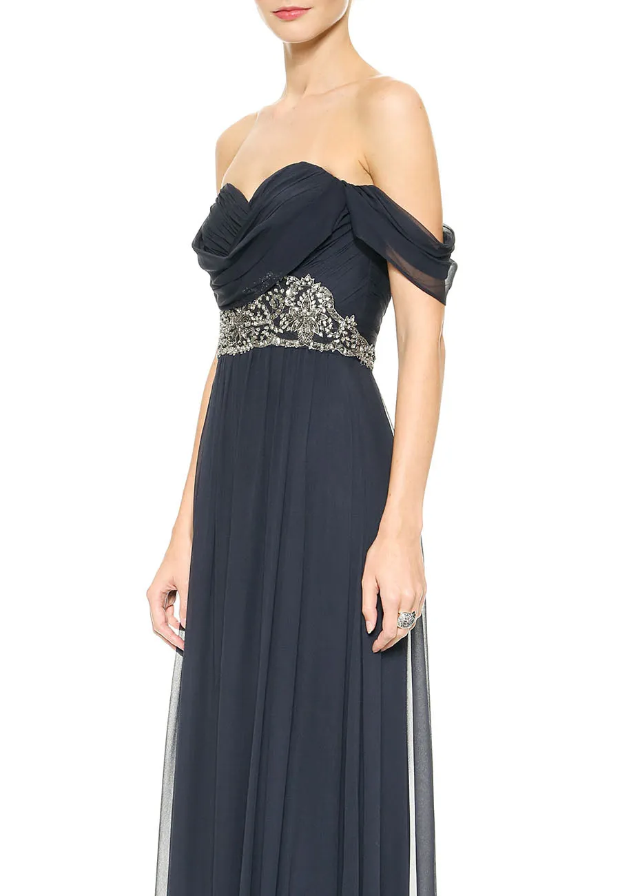 Dark Navy Off Shoulder Embellished Waist Gown