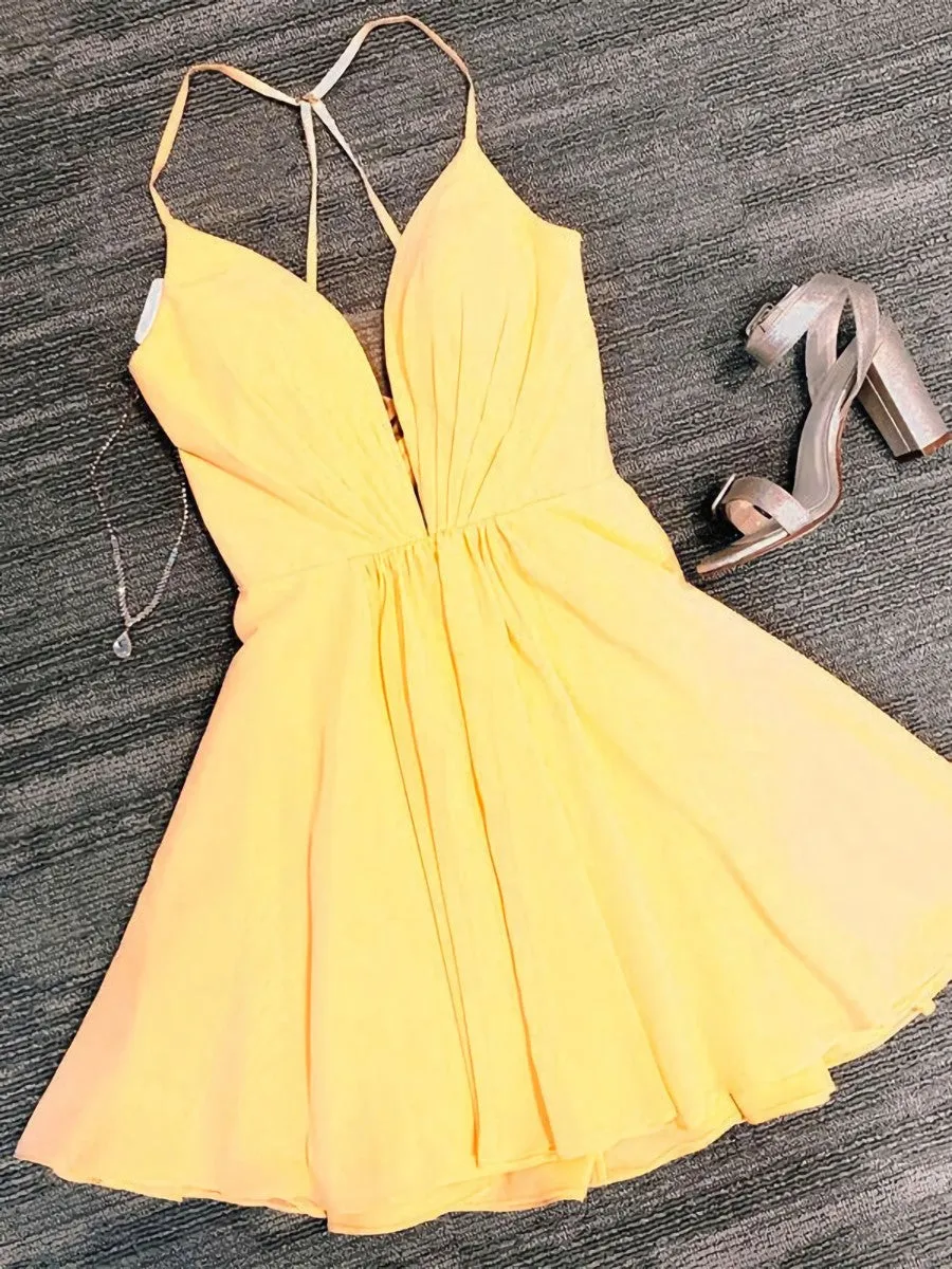 Deep V Neck Short Yellow Black Prom Dresses, Short Backless Formal Homecoming Dresses