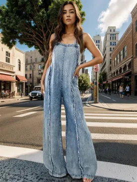 Explore More Collection - Adjustable Strap Wide Leg Denim Overalls