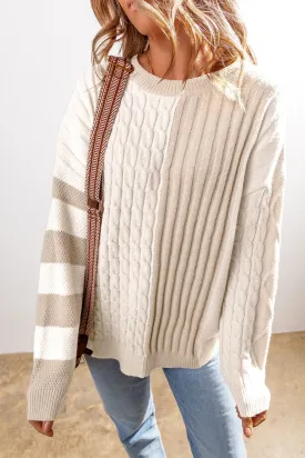 Explore More Collection - Cable-Knit Color Block Round Neck Sweater