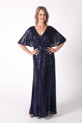 Martha Butterfly-Sleeve Sequin Maxi Dress - Navy