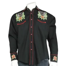 Men's Vintage Horsehead & Floral Embroidered Western Shirt in Black