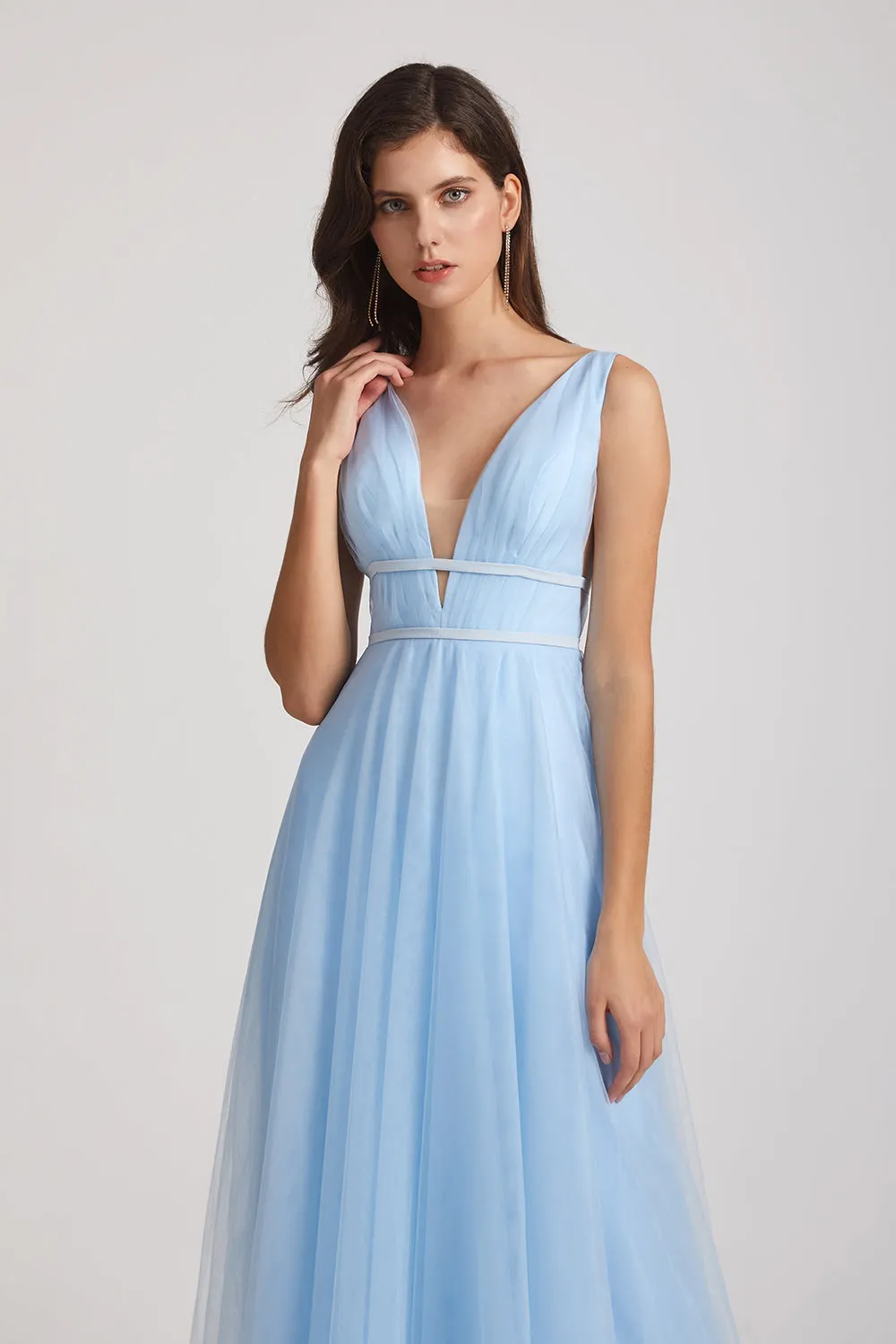 Plunging V-Neck Straps Tulle Long Blue Bridesmaid Dresses (AF0044)