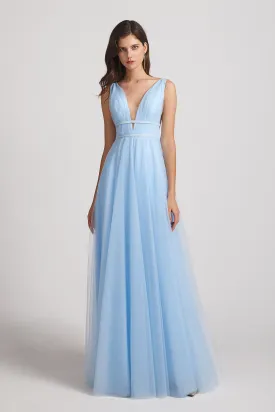 Plunging V-Neck Straps Tulle Long Blue Bridesmaid Dresses (AF0044)