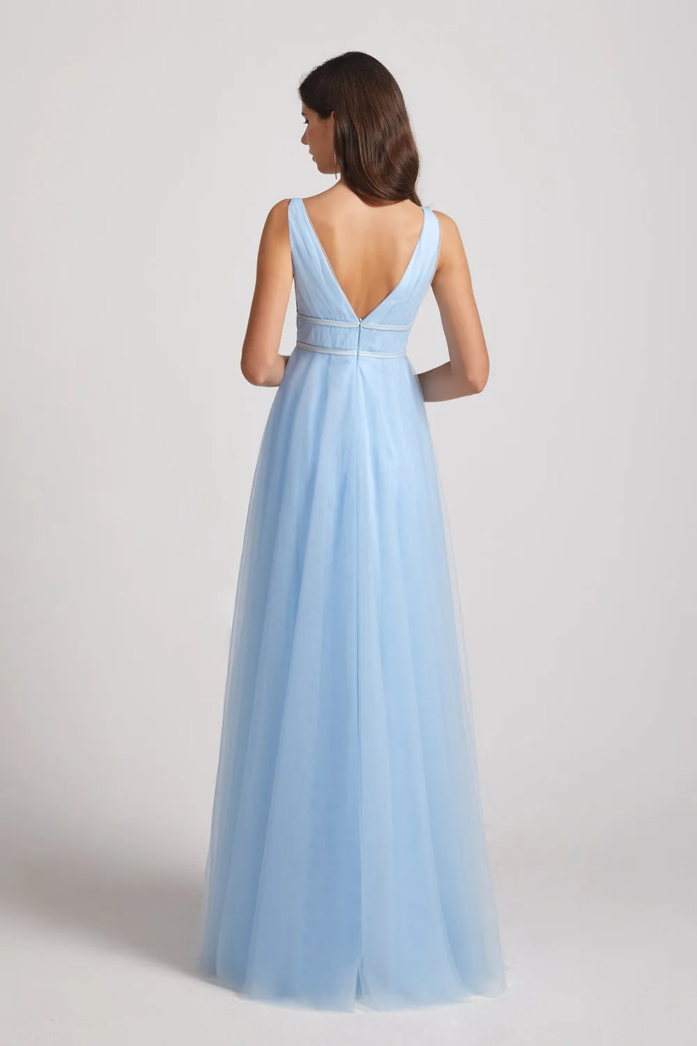 Plunging V-Neck Straps Tulle Long Blue Bridesmaid Dresses (AF0044)