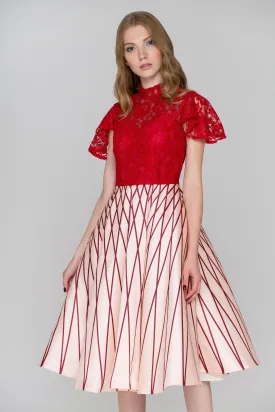 Red Lace Peach Skirt Midi Ball Gown Dress