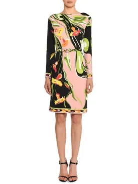 Women’s Boat-Neck Long-Sleeve Water Lily Print Shift Dress